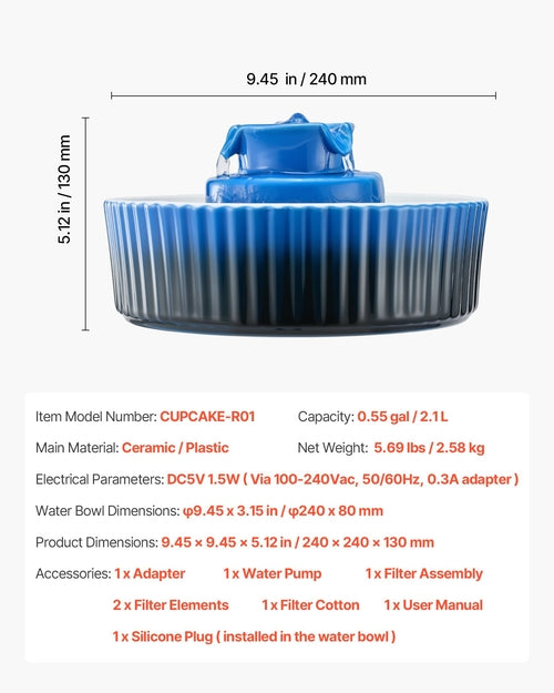 Keramik Katzenbrunnen 2,1L – Cupcake Design mit Dual-Filtration